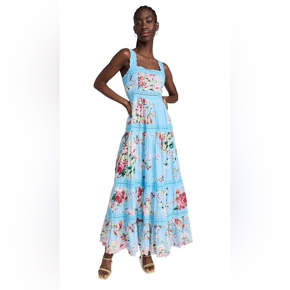 Hemant & Nandita Tula Blue Pink Floral Tiered Eyelet Maxi Dress Small Cottage - Picture 1 of 10